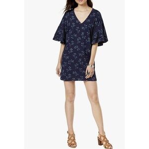 Lucky Brand Women's Navy Blue Floral Printed Ruffle Sleeve Mini Dress Sz M.